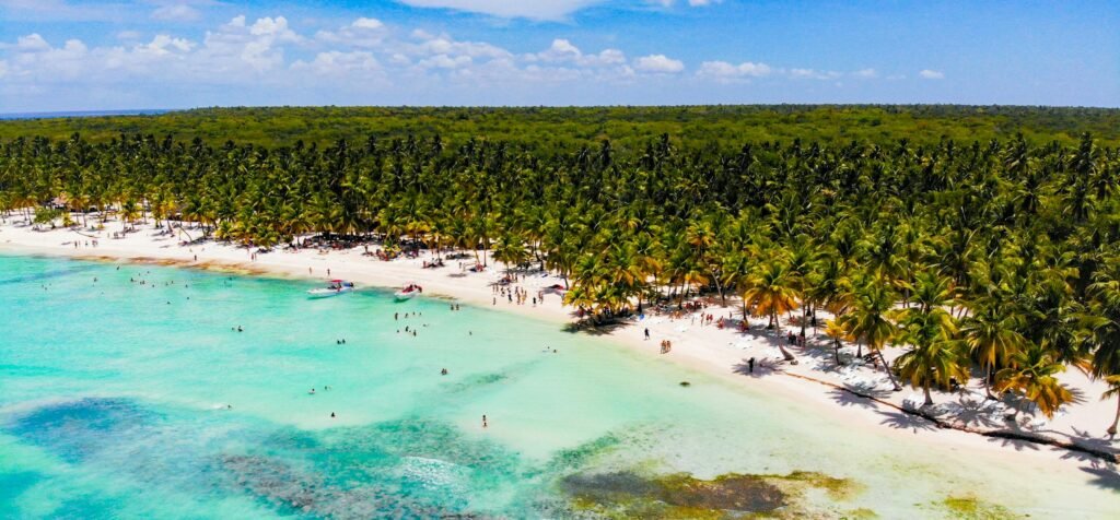 Drone view exotic forested beach with sunbathing and swimming tourists near magnificent blue warm sea on sunny clear weather