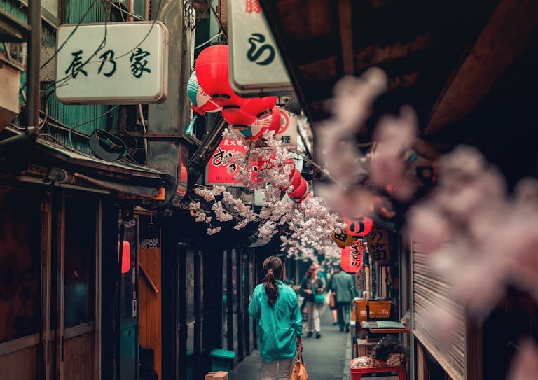 Explore a vibrant Tokyo alley adorned with red lanterns and cherry blossoms during spring, featuring local shops.